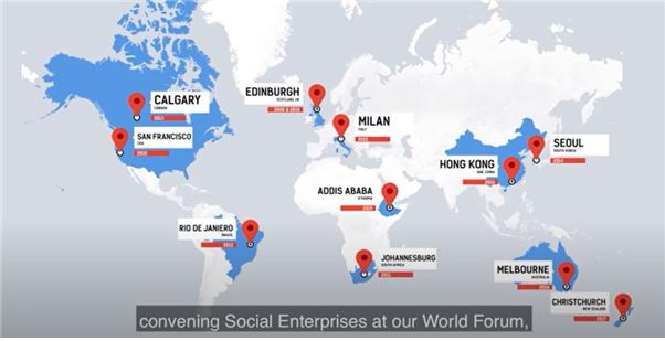 ▲ 사회적기업월드포럼의 과거 개최지를 표시한 지도 ⓒSEWF