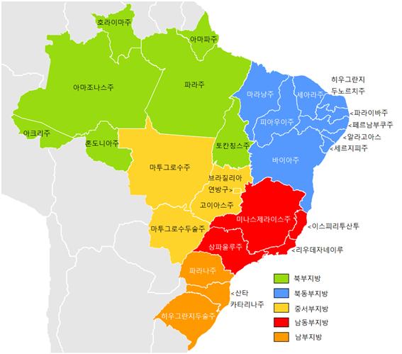 ▲ 브라질 전체 지도와 각 주의 명칭 (Wikipedia 지도 위에 작성)