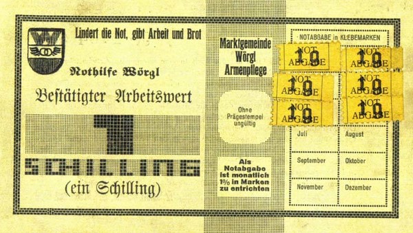 ▲ 오스트리아 뵈르글에서 사용했던 노동증명서 이미지. 오른쪽에 매월 액면가의 100분의 1(1만 원 지폐라면 100원) 금액의 우표를 붙이는 란이 있다.