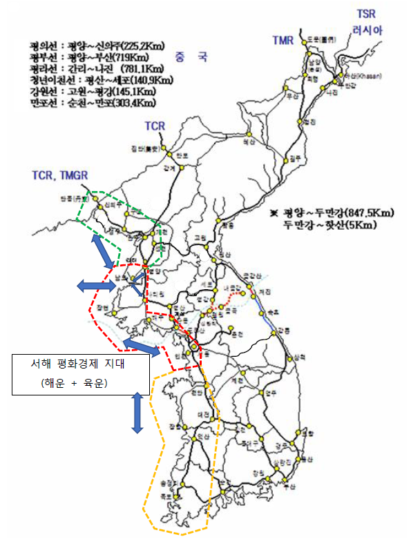 서해 평화경제 지대와 남포-인천 축 (지도: 한국철도공사)