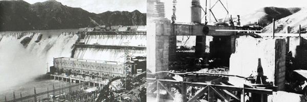 ▲(왼쪽)일제시대 수풍발전소, (오른쪽)미군의 폭격으로 파괴된 수풍발전소(1952년 6월)